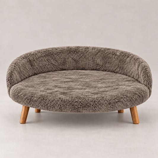 Luxe Plush Pet Bed with Wooden Legs – Mouse Taupe (Sofa-Style)