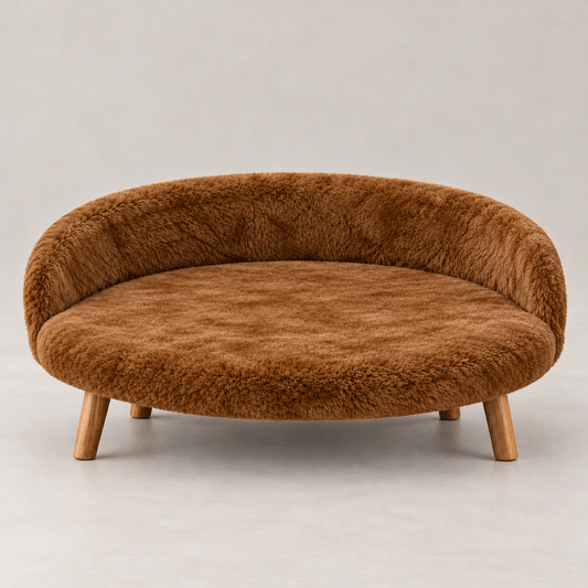 Luxe Plush Pet Bed with Wooden Legs – Caramel Brown (Sofa-Style)