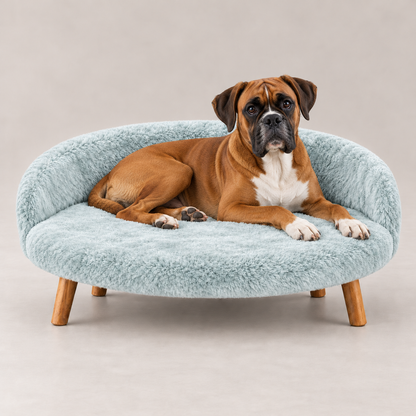 Luxe Plush Pet Bed with Wooden Legs – Ice Aqua Blue (Sofa-Style)