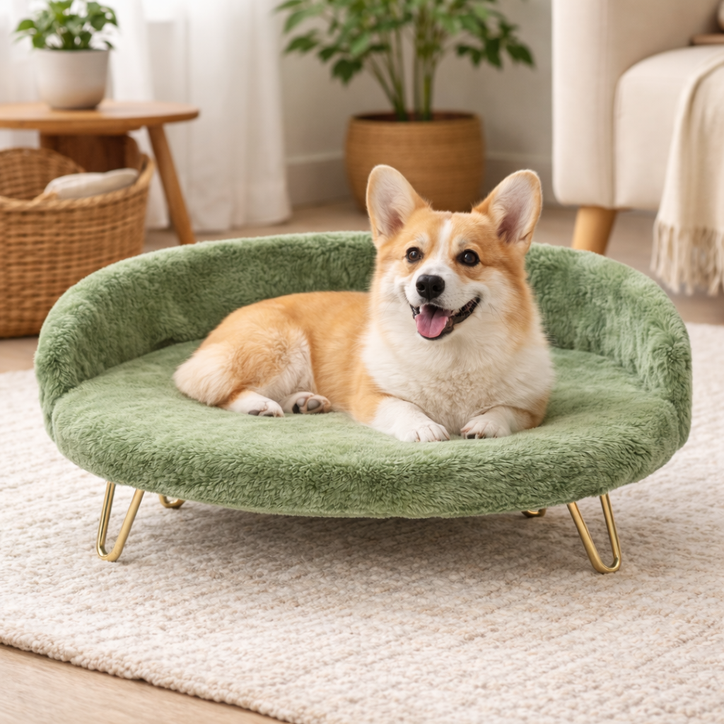 Luxe Plush Sofa-Style Pet Bed with Gold Legs – Green