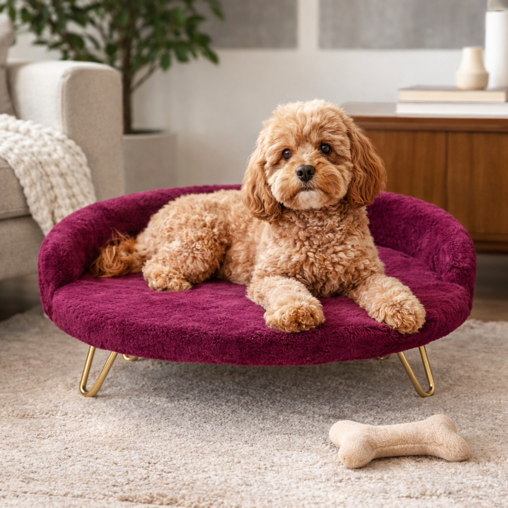 Luxe Plush Sofa-Style Pet Bed with Gold Legs – Wine Burgundy