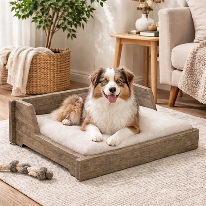 SmartLivin Wooden Pet Bed with Cushion – Rustic Bark
