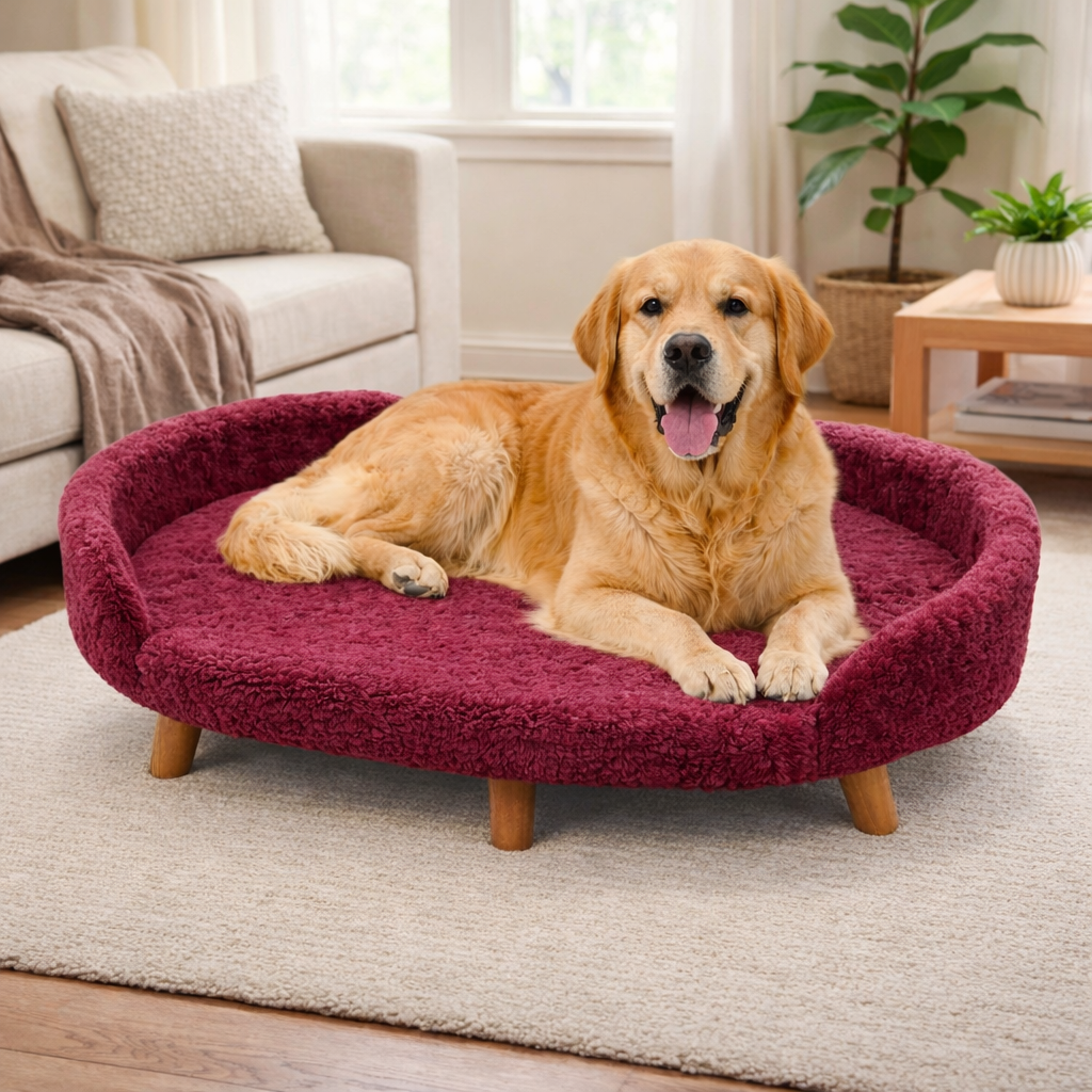 Luxe Raised Pet Sofa Bed for Large Dogs – Burgundy Red