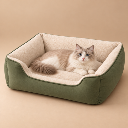Plush Rectangular Pet Bed with Raised Sides - Green and Ivory
