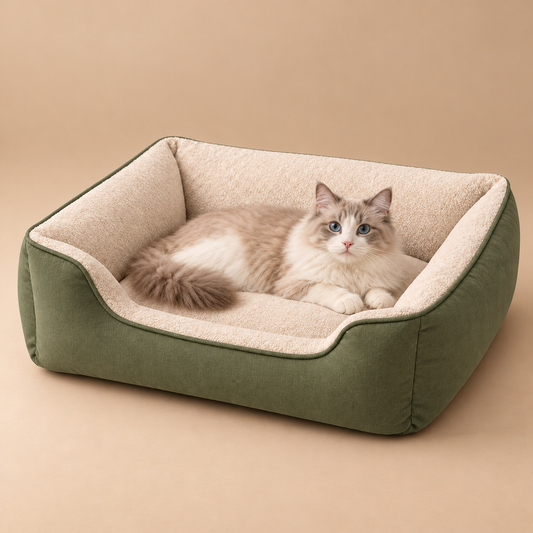 Plush Rectangular Pet Bed with Raised Sides - Green and Ivory