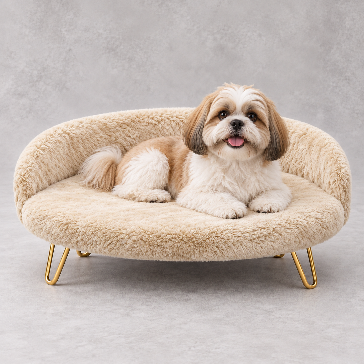 Luxe Plush Pet Bed with Gold Legs – Ivory (Sofa-Style)