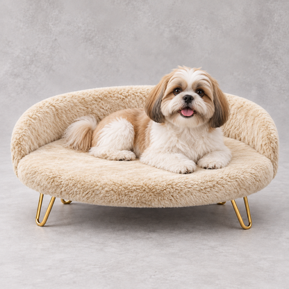 Luxe Plush Pet Bed with Gold Legs – Ivory (Sofa-Style)
