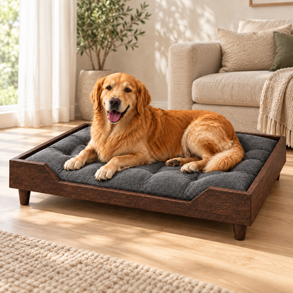 Premium Wooden Orthopedic Pet Bed with Cushion - Dark Walnut