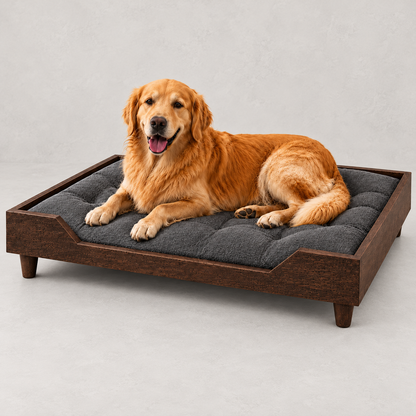 Premium Wooden Orthopedic Pet Bed with Cushion - Dark Walnut