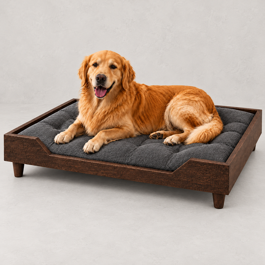 Premium Wooden Orthopedic Pet Bed with Cushion - Dark Walnut