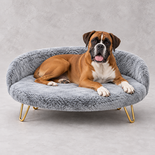 Luxe Plush Pet Bed with Gold Legs – Grey (Sofa-Style)