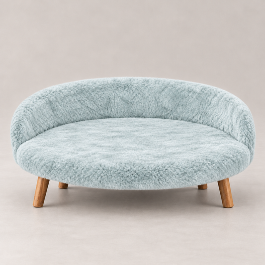 Luxe Plush Pet Bed with Wooden Legs – Ice Aqua Blue (Sofa-Style)