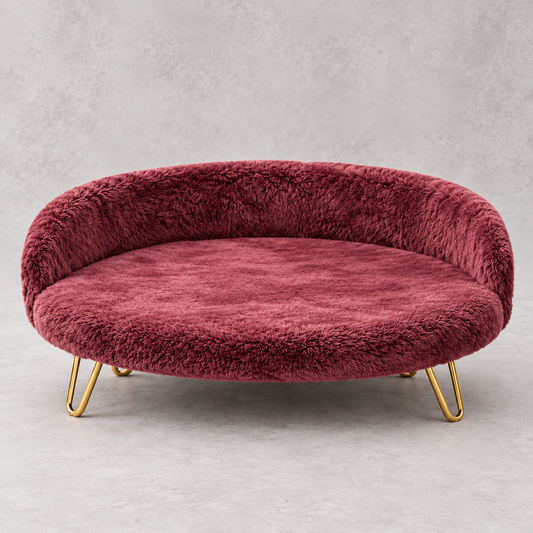 Luxe Plush Pet Bed with Gold Legs – Wine Burgundy (Sofa-Style)