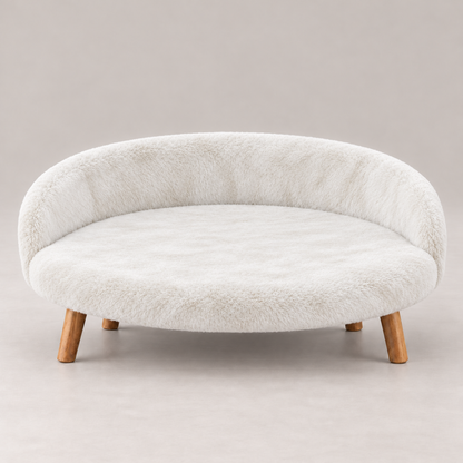 Luxe Plush Pet Bed with Wooden Legs – Off White  (Sofa-Style)