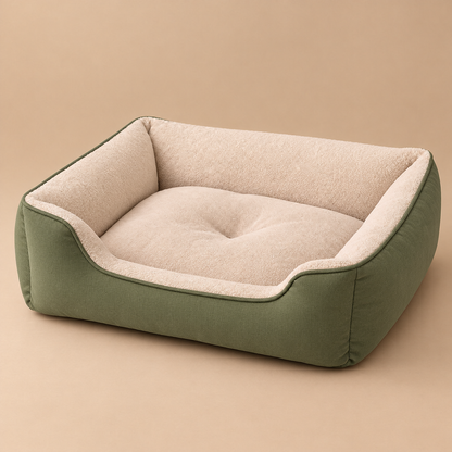 Plush Rectangular Pet Bed with Raised Sides - Green and Ivory