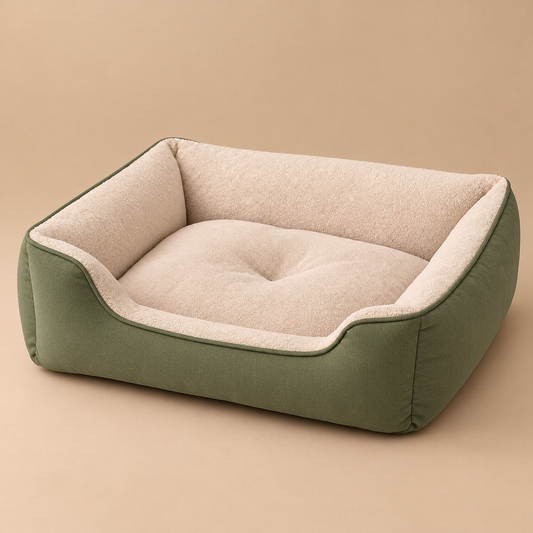 Plush Rectangular Pet Bed with Raised Sides - Green and Ivory