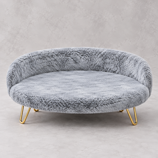 Luxe Plush Pet Bed with Gold Legs – Grey (Sofa-Style)