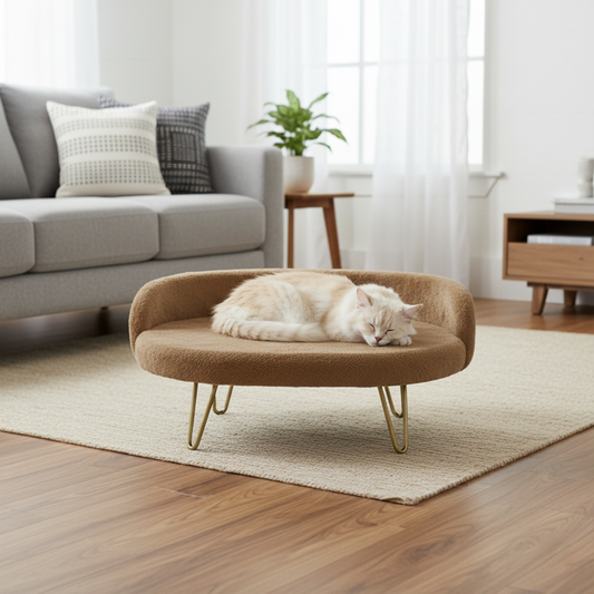 Luxe Plush Sofa-Style Pet Bed with Gold Legs – Beige