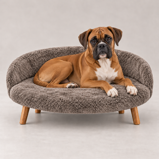 Luxe Plush Pet Bed with Wooden Legs – Mouse Taupe (Sofa-Style)
