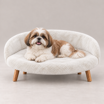 Luxe Plush Pet Bed with Wooden Legs – Off White  (Sofa-Style)