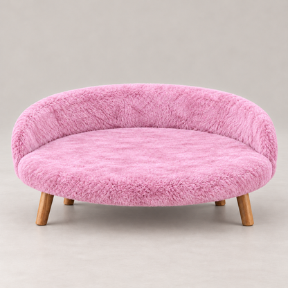 Luxe Plush Pet Bed with Wooden Legs – Pink  (Sofa-Style)