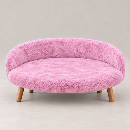 Luxe Plush Pet Bed with Wooden Legs – Pink  (Sofa-Style)