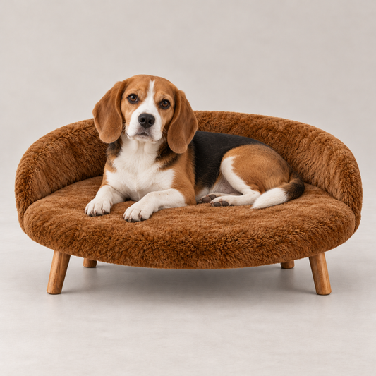 Luxe Plush Pet Bed with Wooden Legs – Caramel Brown (Sofa-Style)