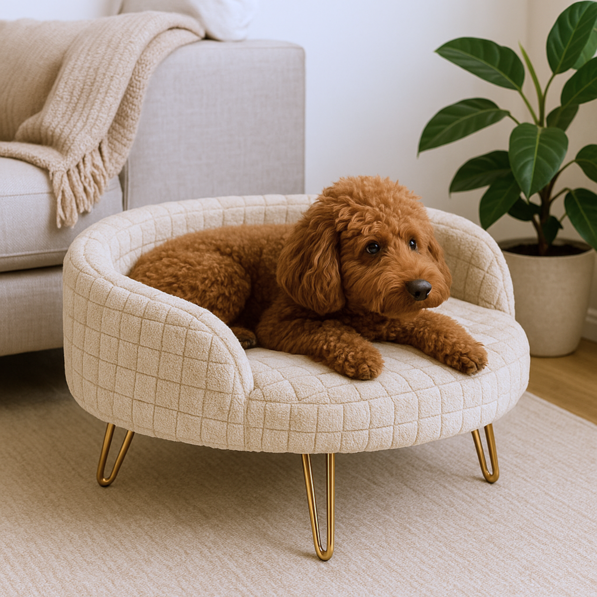Cozy Grid Pet Bed with Gold Hairpin Legs – Beige