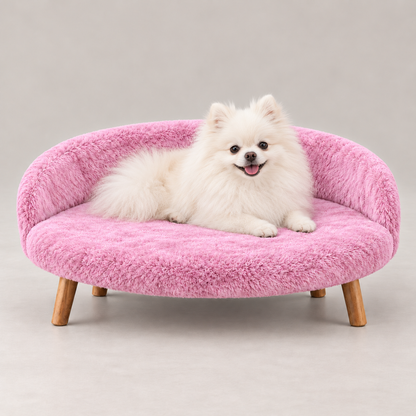 Luxe Plush Pet Bed with Wooden Legs – Pink  (Sofa-Style)